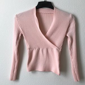 Pink top sweater deep plunge V neck size XS/S women ribbed